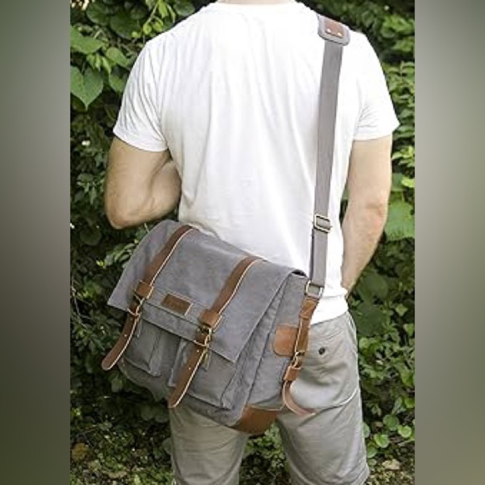 🥳Canvas Messenger Bag Gray with Brown Trim